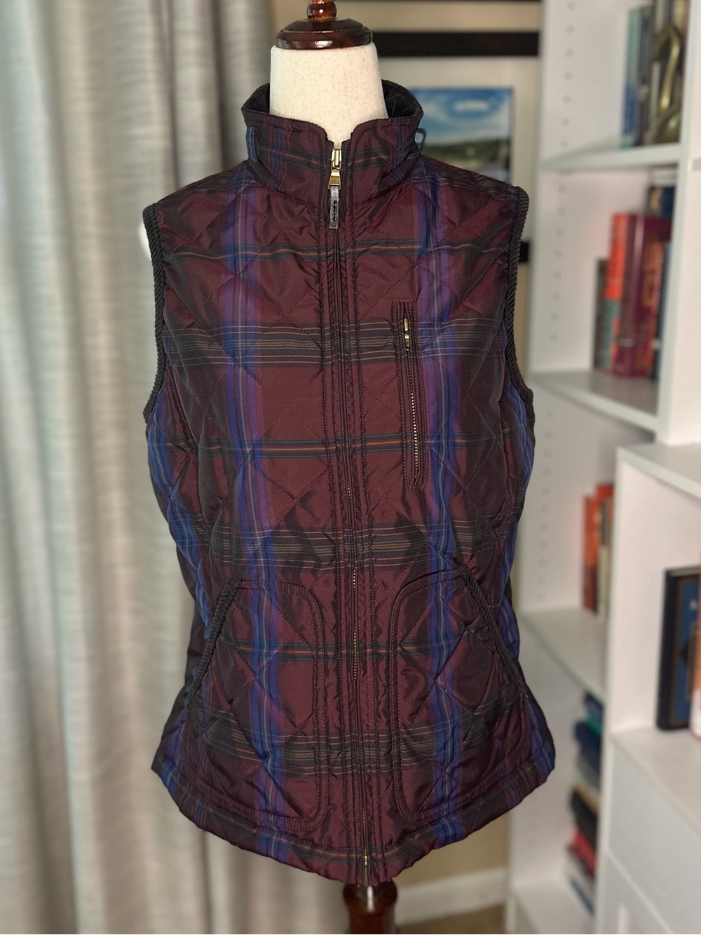 Ralph Lauren Quilted Plaid Vest - Burgundy & Blue